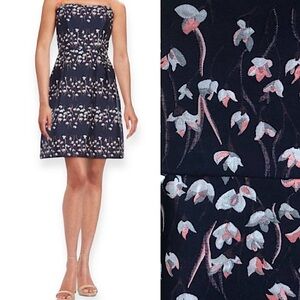 Vera Wang Strapless Jacquard Floral Pleated Cocktail Dress Size 10 Navy/Pink